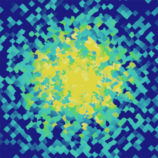 2D image, abstract shapes. At the outside, a dark blue quare grid at 45° angle with light blue shaded square tiles. Going in, the squares increasingly get wobbly and distorted, transitioning towards a yellow circle in the center, with the occasional shades of green in between.